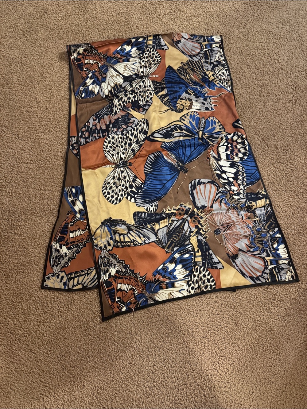 Butterfly-Print Scarf in Blue, Tan & Cream